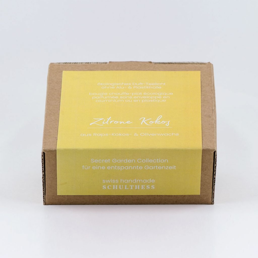 Teelicht mit fruchtig-exotischem Duft nach Zitrone und Kokos – handgemacht in der Schweiz, mit synthetischem Duft und Baumwolldocht.